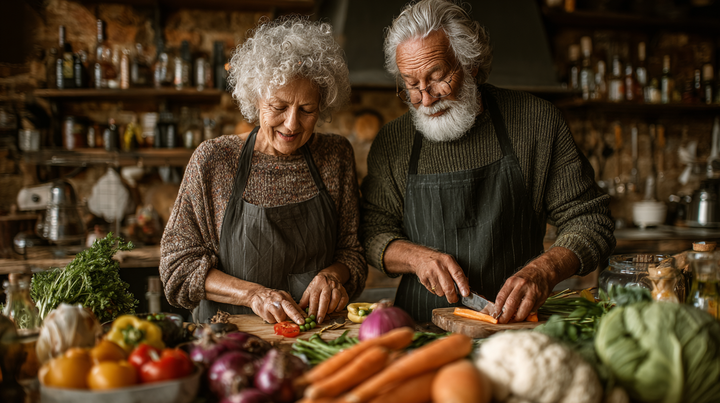 Cuplu de seniori pregătind o masă sănătoasă împreună în bucătărie