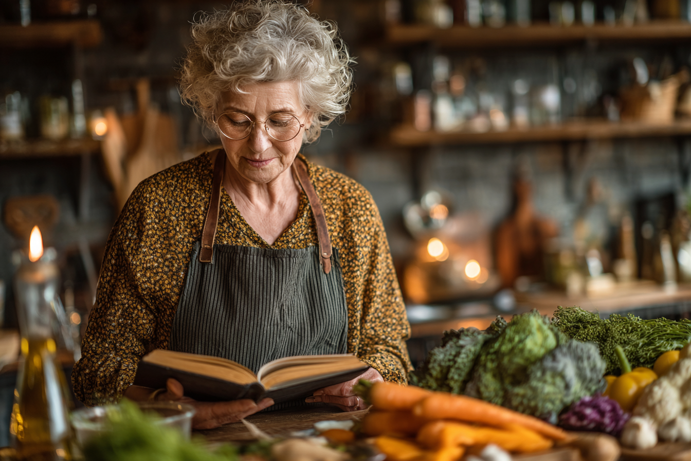Grup de seniori zâmbitori la o masă comună, savurând o masă sănătoasă